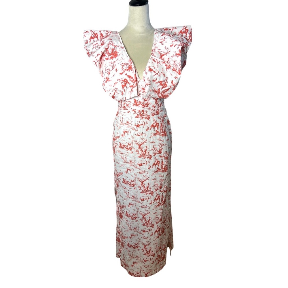 Ivana Ma London Red Toile Print Ruffle Maxi
Dress Statement Shoulder SZ S EUC